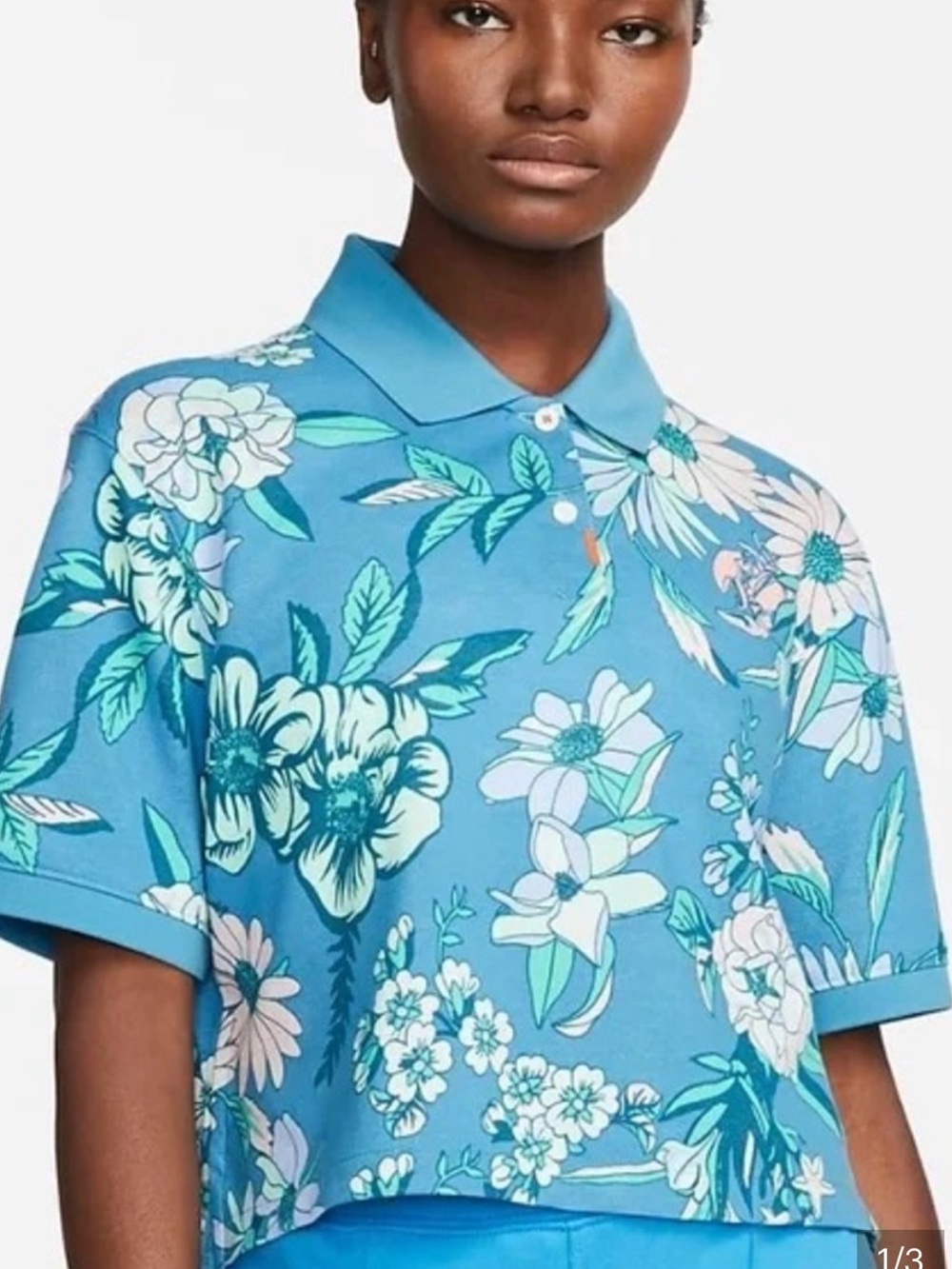 Nike Dri-fit Blue Tropical Floral Print Cropped Golf Polo Shirt